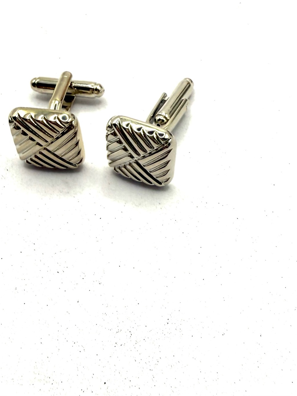Men's Silver Textured Square Cufflinks — Elegant Diagonal Pattern